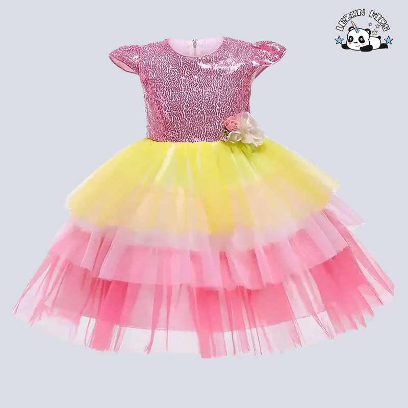 LEZONKIDS - Summer Jacquard Sequins Princess Skirt Hot-Sale Performance Rainbow Cake Girls' Ball Gown Girls' Dress
